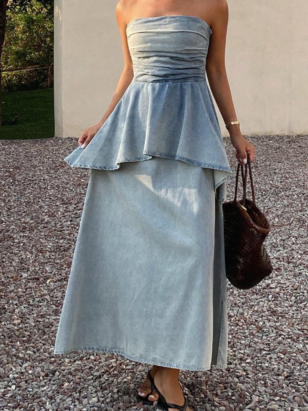 Blue Casual Bohemian Women's Midi Denim Dress with Spaghetti Straps